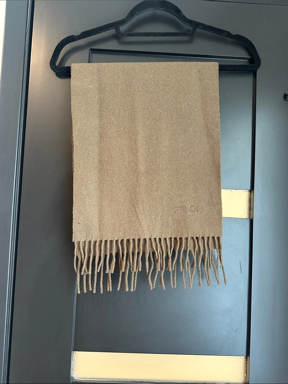 Fendi Brown Camel Fringed Logo Scarf